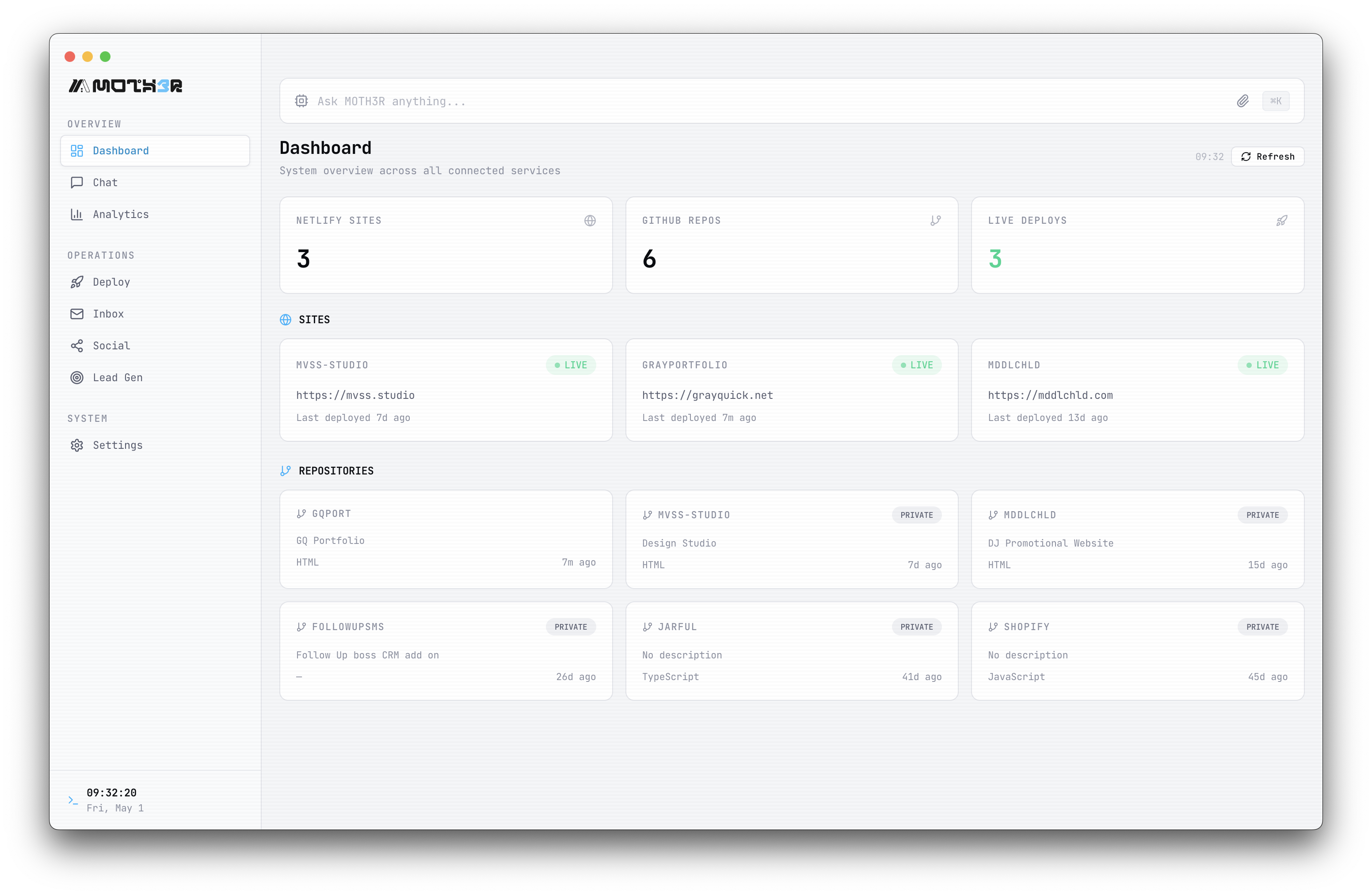 MOTH3R Dashboard — Netlify sites, GitHub repos, deploy status