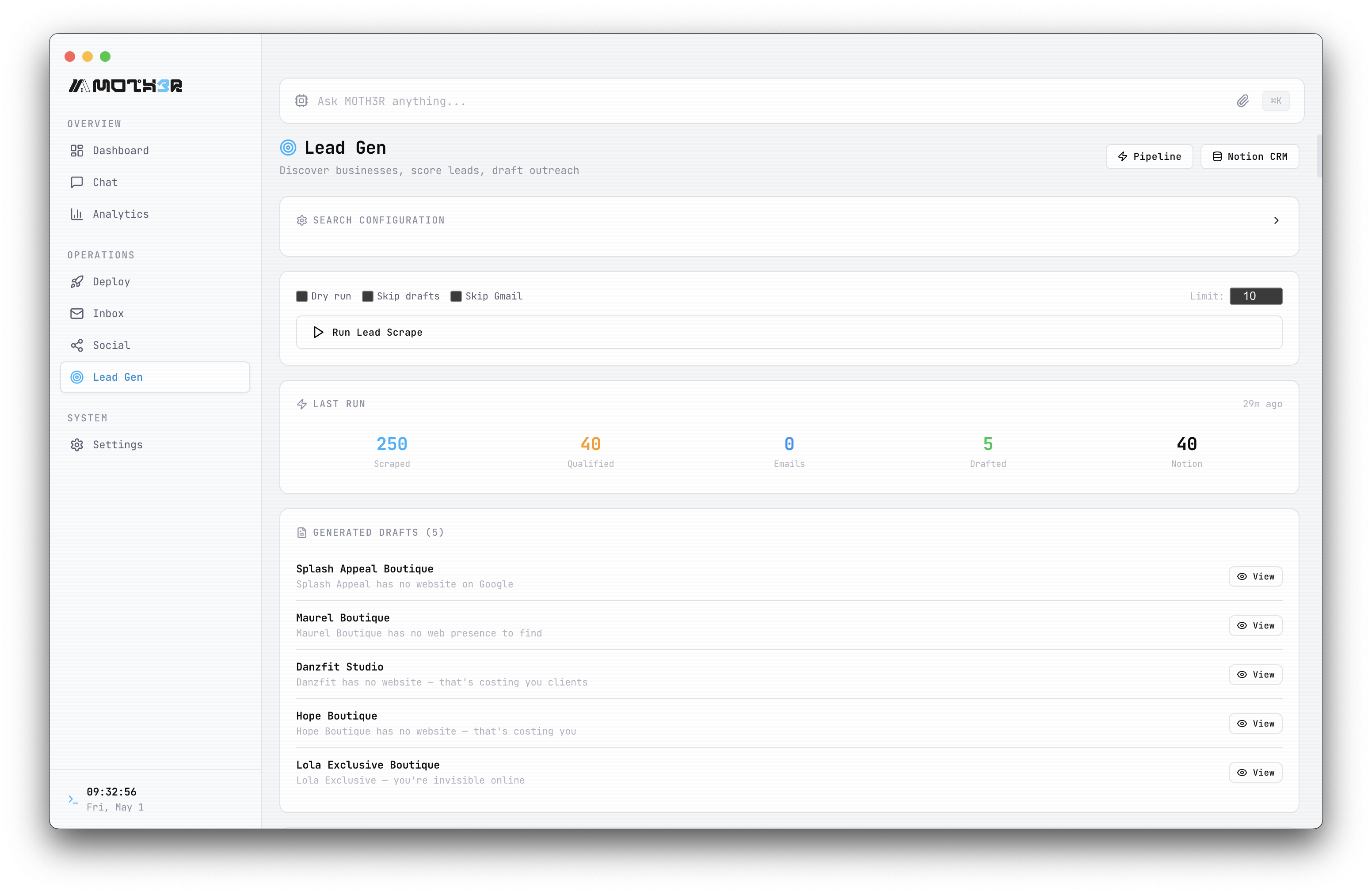 MOTH3R Lead Gen — Notion CRM view with AI scoring