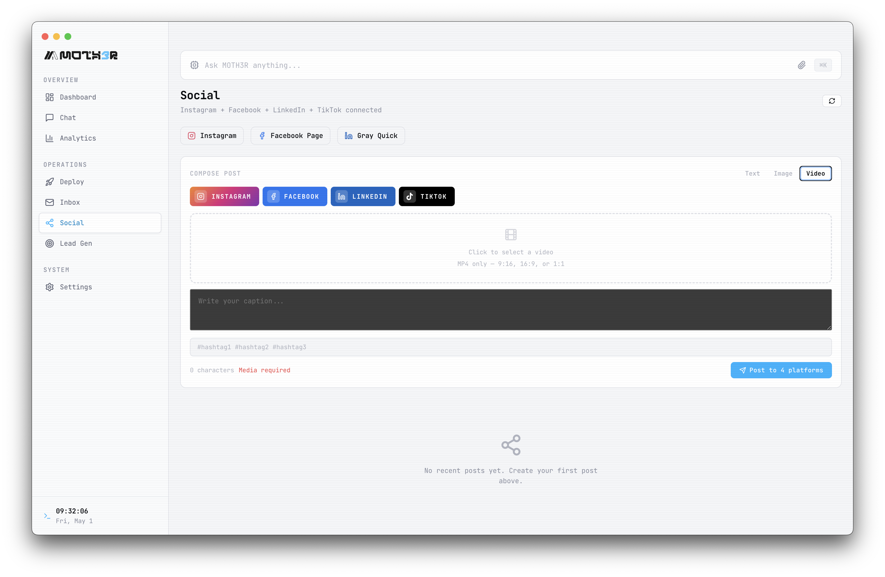 MOTH3R Social — Cross-platform compose with 4 connected accounts